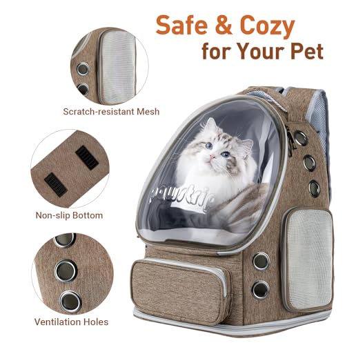 Cat Backpack Carrier Clear Bubble Window for Cats & Small Dogs up to 15 lb | Large Space Breathable Foldable Pet Carrier Airline Approved, Mesh Entry Safety Tether Washable Pad, Travel Hiking Outdoor - color: Brown