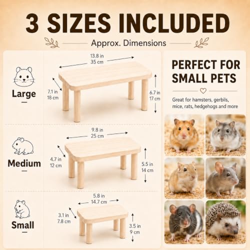 3-Piece Wooden Hamster Platforms – Large, Medium & Small Play Stands for Dwarf, Gerbils, Mice, Degus, Squirrels & Other Small Pets – Cage Accessories for Climbing, Chewing, Hiding & Exploring