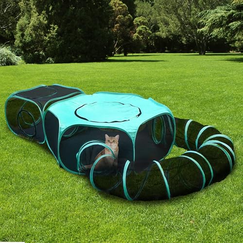 Large Outdoor Cat Enclosure Pop-Up Tent, Portable 3-in-1 Modular Pet Playpen with Zippered Mesh Windows for Indoor & Outside Use, Travel, Backyard, Park - color: green