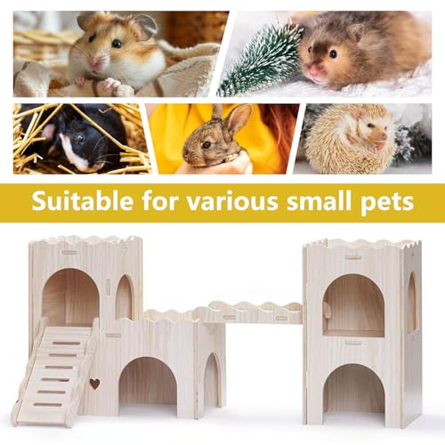 Large Wooden Hamster House Castle with Double Decker,Large Hamster, Wooden Hamster Houses,Dwarf Hamster Habitat Hideout with Climbing Ladder,Large Guinea Pig Castle Detachable Hideouts(c) - color: BrownC