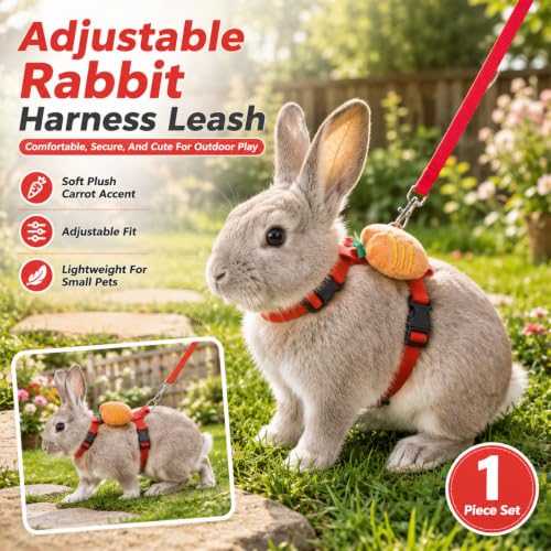 Rabbit Harness and Leash Set, Bunny Leash for Walking Escape Proof, Adjustable Cute Vest with Decoration for Ferret Cat Puppy Small Pets (Carrot)