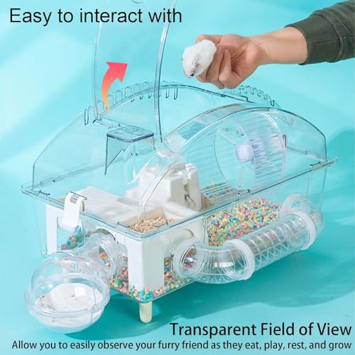 Tfwadmx Dwarf Hamster Cage,Acrylic Rat Cage,Hamster Home Small Animal Cages with Tube Exercise Wheel Mouse Habitat for Gerbils Mice 17.7”x11”x11.8” - color: Transparent