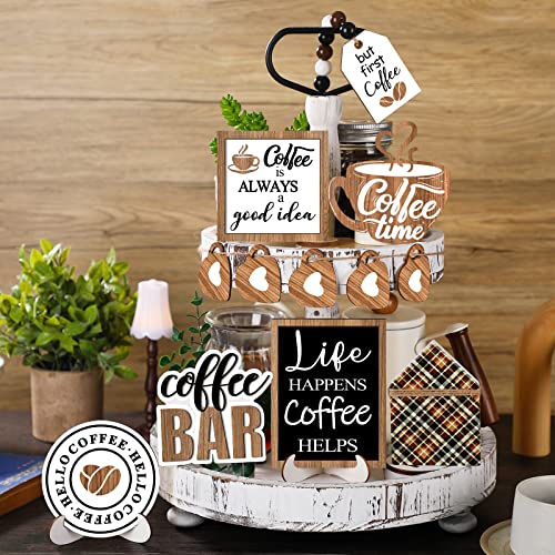 FairySandy 11 Pcs Coffee Tiered Tray Decor Coffee Time Rustic Farmhouse Tiered Tray Decorations Set Home Wooden Signs Vintage Farm Animal Farmhouse Tabletop Wood Signs for Kitchen Table Shelf Decor - style: Delicious Coffee