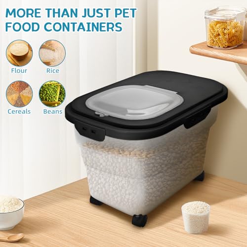 Dog Food Container, Collapsible Pet Food Storage Container 17-20 lb with Rolling Wheels & Airtight Lid, Plastic Storage Bin With Dog Food Scoop and Measuaring Cups - color: Black