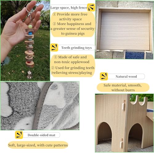 Guinea Pig Hideout, Small Animals House with | Mat Ramp | Cave | Blanket | Toy |, Wooden Detachable Castle for Guinea Pig Cages Accessories, Bed Hut Habitats for Hamster Bunny Playing Sleeping Hiding