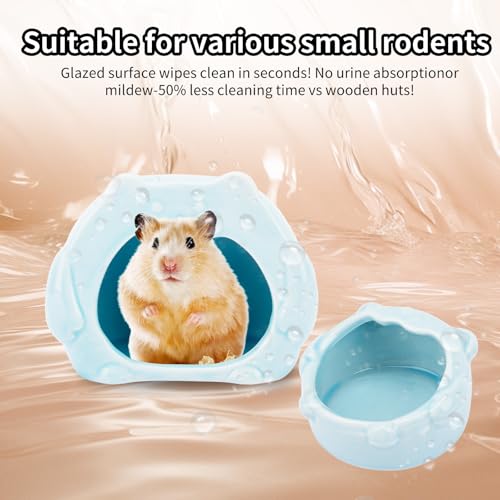 Bear-Shaped Hamster Hideout & Food Bowl Set - Ceramic Habitat for Syrian Dwarf Hamsters, Mice, Gerbils - All-Season Use, Chew-Proof Ceramic House and Feeding Dish for Small Pets(Blue)