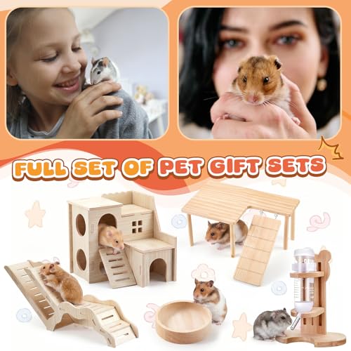 5 Pcs Hamster Cage Accessories, Wood Hamster Play Wooden Platform Water Bottle with Stand Climbing Set for Rat Mice Small Animals Pets Habitats Woodland Decor(Villa Playground) - style: Villa Playground