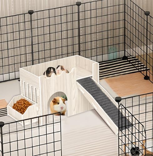 Guinea Pig Hideout House, Wooden Guinea Pig Castle with Feeding Basin, Guinea Pig Toys Accessories for Chinchilla Hamster Hedgehog Bunny