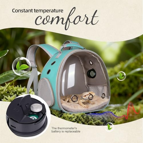 Reptile Travel Backpack Carrier with Reptile Thermometer and Humidity Gauge & Harness Leash Lizard Travel Cage Space Capsule Clear Bubble Window Astronaut Bearded Dragon Bag for Ball Python - color: Green