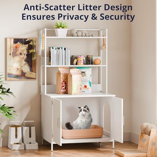 Cozy Castle Cat Litter Box Enclosure with Storage, 57'' Hidden Cat House Furniture, Wooden Cat Cabinet with Shelves & 4 S-Hooks, Indoor Cat Litter Box Organizer, White - color: White