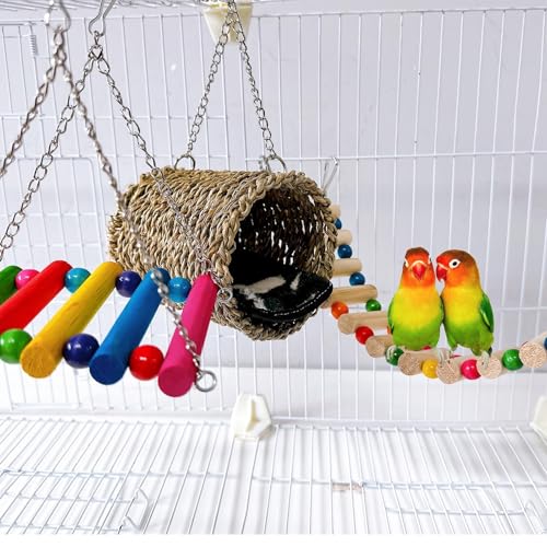 Hamiledyi Hamster Hanging Hammock 3 Piece Wooden Rat Ladder Swing Set Cage Clmbing Toys Accessories for Syrian Hamster Sugar Glider Bird Mice Playing Sleeping