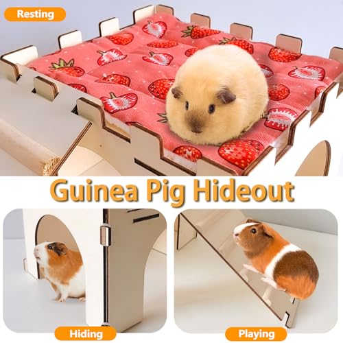 2PCS Guinea Pig Hideout,Large Wooden Guinea Pigs House with Stairs and Mats,Detachable Guinea Pig Castle Hide for Small Animals Hamster Chinchilla Ferret Habitats Accessories - size: 2 Houses