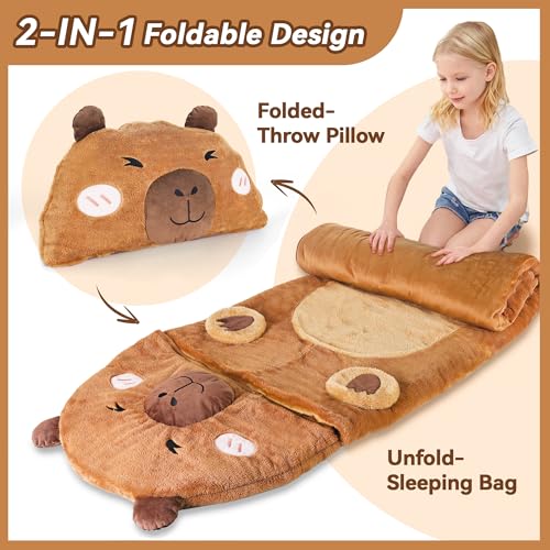 iPlay, iLearn Kid Capybara Sleeping Bag, Toddler Boys Girls Daycare Nap Mat | 2 In 1 Plush Animal Slumber Bag, Brown Pillow, Happy Travel Sleepover Preschool Birthday Gift for Age 3 4 5 6 7 8 10 12 Child - style: Capybara
