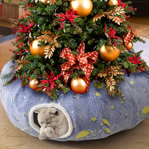 Under Christmas Tree Large Cat Tunnels Bed Tube for Indoor Cats Glows in The Dark Cat Tunnel with Cushion and Plush Ball Toy Toys for Dog Puppy Kitten Rabbit Bunnies Ferret Pet Blue - color: Blue Bed
