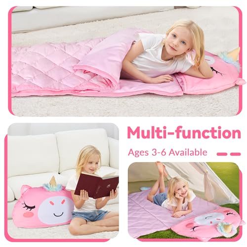 iPlay, iLearn Kid Sleeping Bag, Unicorn Slumber Sack, Toddler Girl Nap Mat | 2 in 1 Pink Animal Cushion Pillow Blanket, Happy Travel Sleepover Daycare Preschool Birthday Gift for 3 4 5 6 Year Old Child - style: Unicorn
