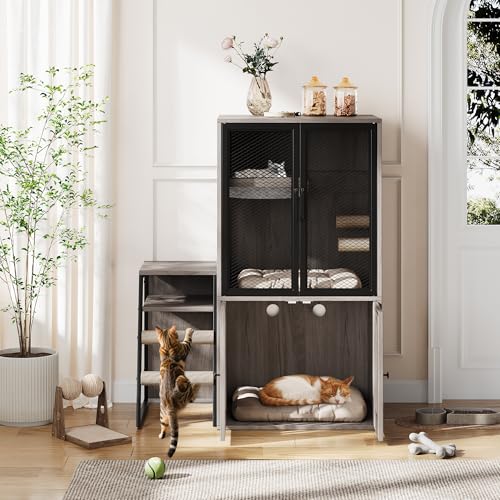 TrailBlaze Litter Box Enclosure with Platform, Double Layer Hidden Furniture, Modern Villa Cat Cabinet with Ladder, Hammock & Metal Mesh Door, Indoor Washroom Cat House-Gray - color: Gray