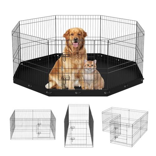 VEVOR Foldable Metal Dog Exercise Pen, Pet Playpen Dog Fence for Camping with Bottom Pad, 24" H 8 Panels, Puppy Crate Kennel Indoor Outdoor for Small & Medium Dogs, Both for Home & Yard Use - size: 8 panels 24*24in, style: Playpen + Bottom Pad