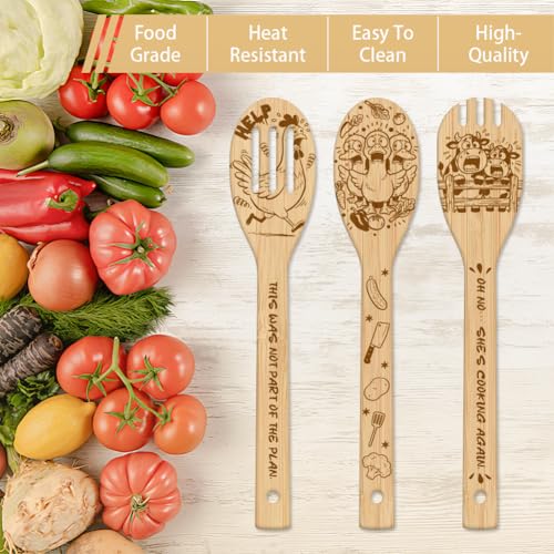 GLOBLELAND 6 Pcs Frightened Farm Animals Wooden Spoons Utensil Set Funny Pig Chicken Bamboo Carving Kitchen Cooking Utensils Wooden Engraved Cooking Spatula Sets for Kitchen Fun House Warming Gift - color: Farm Animals