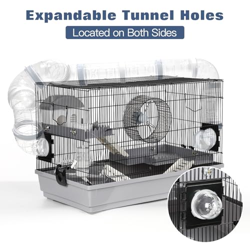 Large Hamster Cage Starter Kit 22x12x15in for Syrian Hamster Dwarf Hamster | with Large Silent Wheel, Large Bathtub, Hide-House, 2 Platforms, 3 Ladders, Water Bottle, Food Bowl, 2 Tube Ports, 2 Handles