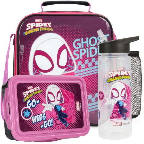 Get Trend Ghost Spider Girls Lunch Box 3Pc Set | Kids Insulated Lunch Bag with BPA-Free Water Bottle and Bento Box, Back to School Gifts for Girls - color: Multicolor Ghost Spider