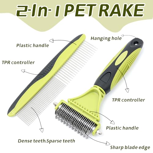 2-in-1 Pet Grooming Brush & Undercoat Rake, Double-Sided Hurtless Dematting Comb for Dogs & Cats, Universal Detangling, Shedding & Slicker Brush, Pet Grooming Tool for Removing Old Hair (Green)