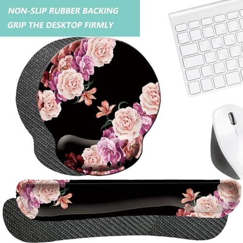 Keyboard Wrist Rest Pad Mouse Pad with Wrist Support Set of 3, Mousepad with Non-Slip Rubber Base, Ergonomic Memory Foam Mouse Wrist Cushion Support for Home Office Laptop Computer Gaming, Flowers - color: Flowers Pink