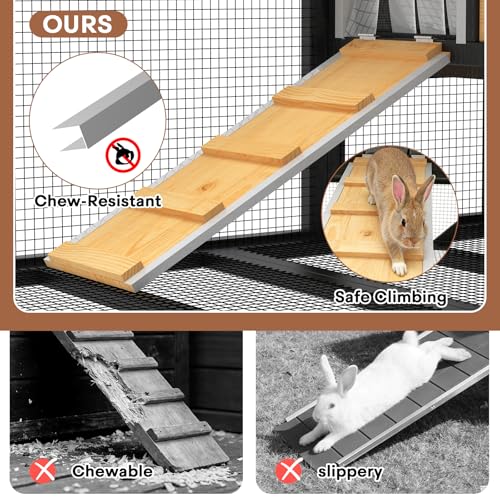TIMHAKA 2-Story Bunny Hutch with Wheels and Chew-Proof Ramp, Yellow | Indoor Outdoor Bunny Cage w/ Leak-Proof Trays and Openable Waterproof Roof for Rabbits, Guinea Pig, Small Animal - size: 47.2"L x 21.98"W x 27.2"H