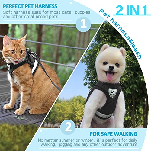 Supet Cat Harness and Leash Set - Soft Mesh Adjustable Cat Vest Harness with Reflective Strap for Walking Cat and Puppy Rabbit - color: Black, size: S (Chest: 9.5" - 13.0")