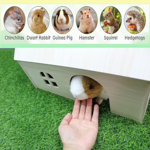 Amonk Guinea Pig Hideout 15x9x10 inch Large Size Wooden House with Window and Roof Wood Hut Habitats Decor for Bunny, Chinchillas, Dwarf Rabbits, Hamsters, and Other Small Pet Animals