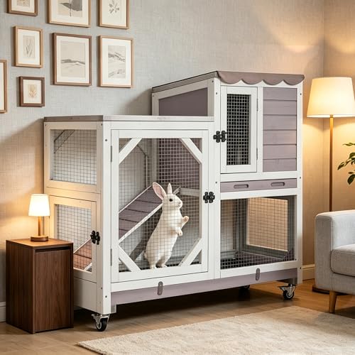 GUTINNEEN Duplex Rabbit Hutch Indoor with Chew-Proof Frame & 2 Leak-Proof Sliding Trays, Rain Cover, Wooden Guinea Pig Cages with Wheels - Grey - color: Grey