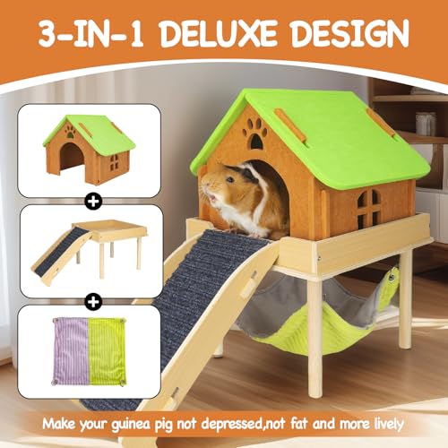 BESNEW 3 in 1 Enlarged Guinea Pig Hammock with House & Platform,Wooden Guinea Pig Hideout with Hammock & Stairs Small Animal Toys for Hiding Sleeping Activities - style: Hammock with ramp & house