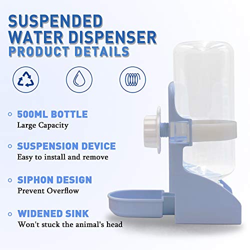 Rabbit Water Bottle Suspension Water Dispenser for Mini Pet Bunny Guinea Pig Chinchilla, 500ml Automatic Water Bottle by Gravity Flow Supply, Prevent Overflow, BPA Free (Blue)