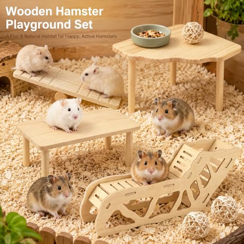 7-Pack Hamster Wooden Play Toys Set, Platform, Seesaw & Maze Tunnel Hideout, Natural Chew Toys for Dwarf Syrian Hamsters, Gerbils, Mice & Small Pets