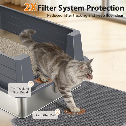 FURTIME Stainless Steel Cat Litter Box, Extra Large Cats Metal Litter Box | High-Sided Open-Top Easy-Clean Litter Pan for Multi-Cat Home, Non-Stick, Anti-Leakage, Comes with Scoop & Mat, 28"×20"×12.2" - color: Grey, size: XXX-Large