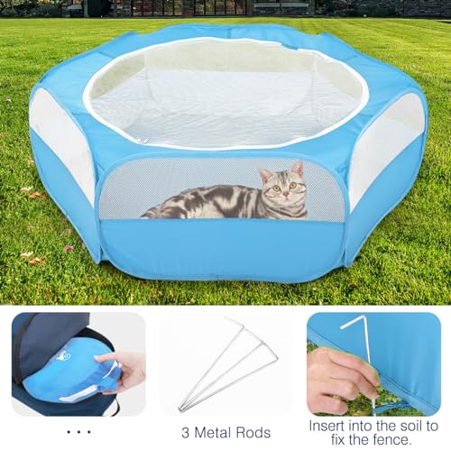Pawaboo Small Animal Playpen with Zippered Cover,Light Blue | Portable pop-up pet tent for supervised rabbits, guinea pigs, chicks and kittens; water-resistant bottom and 3 metal rods - color: C-Light Blue