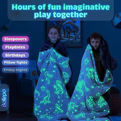 Kids Sleeping Bag for Boys & Girls - Glow in The Dark for Ages 3+, Large With Pillow Pocket, Extra Soft Toddler Blanket (66" x 33") - color: Blue - Dinosaurs