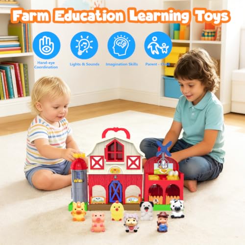 Farm Animal Barn Toys for Toddlers 1-3, Red Barn Play Farm Set with Animals Sounds Toy, Musical Interactive Preschool Montessori Learning Farm Toys for Kids, Christmas Birthday Gift for Boy Girl - style: Barn Toys