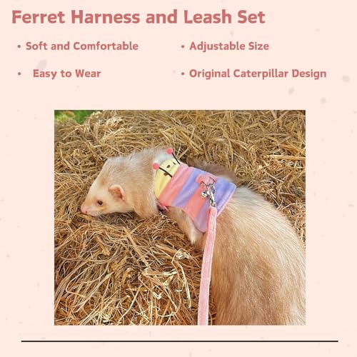 Ferret Harness and Leash Set - Small Animal Soft Fleece Vest with Safe Bell Halloween Outfit Adjustable Traction Rope Outdoor Walking Training Leash for Ferret Rat Bearded Dragon Kitten (Pink) - color: Pink