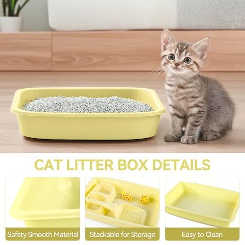 PAWISE Cat Litter Box Set, Small Kitten Starter Kit, Includes Litter Box, Litter Scoop, Double Dish Feeding Bowl, Cat Mouse Toy, Kitty Ball Toy, Yellow - color: Yellow