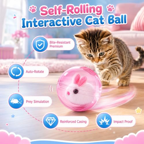 360° Self-Rolling Interactive Cat Toy Ball (Pink, Rabbit) | Automatic Rolling Pet Toy, Pet Fun Indoor Motion Activated Exercise Toys for Cats Dogs - color: Pink