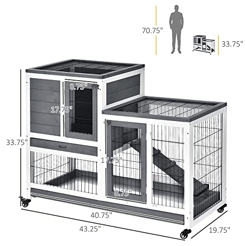 PawHut Wooden Rabbit Hutch Elevated Bunny Cage Indoor Small Animal Habitat with Enclosed Run with Wheels, Ramp, Removable Tray Ideal for Guinea Pigs, Grey | Small Animal Habitat, Enclosed Run, Wheels, Ramp, Removable Tray for Rabbits, Chickens, Ducks - co