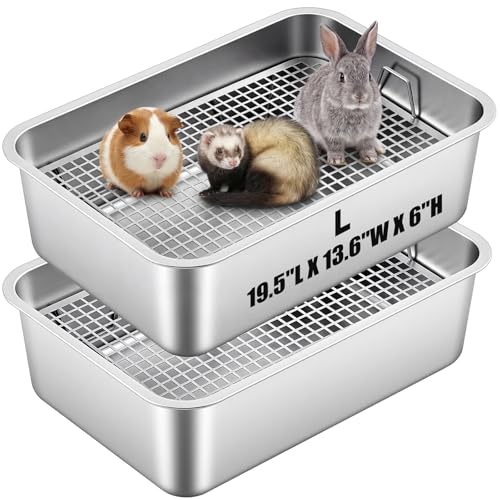 Maxcheck 2 Pcs Large Rabbit Litter Box, Stainless Steel Rabbit Litter Pan with 2 Raised Grid, High Back Wall Bunny Toilet Tray Potty Training Pan for Ferret Bunny Guinea Pig(L 19.5"L x 13.6"W x 6"H) - size: L 19.5"L x 13.6"W x 6"H