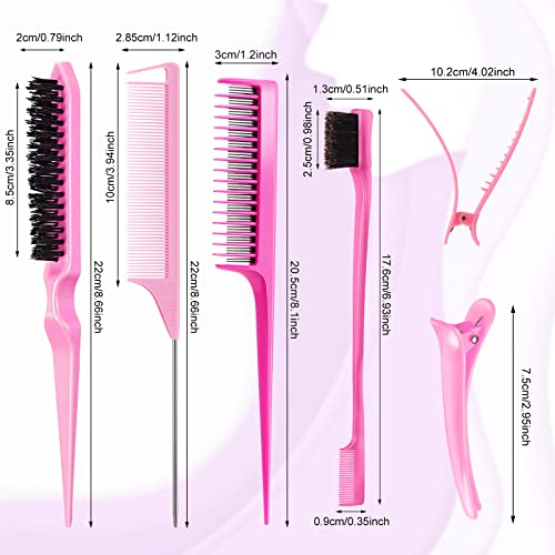 8 Pcs Slick Back Hair Brush Teasing Edge Bristle Brush Parting Rat Tail Comb Hairclips Styling Hair Accessories Set for Women Slicking Ponytail Control and Smoothing Flyaways(Pink) - color: Pink