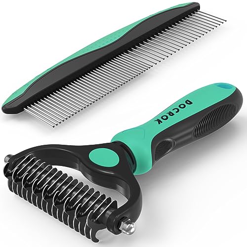 Docrok Pet Grooming Brush and Metal Comb Combo for Dogs & Cats, Green | Dematting Deshedding Undercoat Rake, Cat Brush Dog Brush Shedding Tool for Long Matted Haired Pets - color: Green