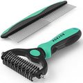 Docrok Pet Grooming Brush and Metal Comb Combo for Dogs & Cats, Green | Dematting Deshedding Undercoat Rake, Cat Brush Dog Brush Shedding Tool for Long Matted Haired Pets - color: Green