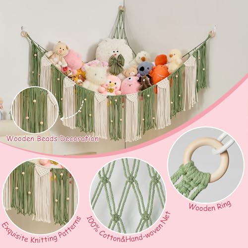 Stuffed Animal Hammock with Weaving Tassels and Beads Sage Green - color: Sage Green