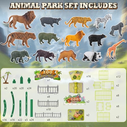 Complete 248PCS Animal Playground Set with 14 Realistic Wild Animals – Build Your Own Animal Park, Interactive Playset with Openable Fences & Battle Station, for Boys Girls Kids Toddlers 3-8 - color: Green