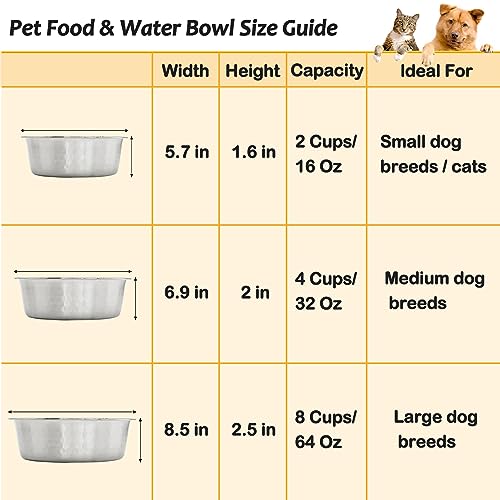 Fhiny 3 Pack Hammered Stainless Steel Dog Bowls, 4 Cups/32 Oz Premium Metal Puppy Feeder Bowl Set for Raised Feeding Station Basic Kitten Food & Water Dishes for Small & Medium Pets Dishwasher Safe - size: 4 Cups/32 Oz