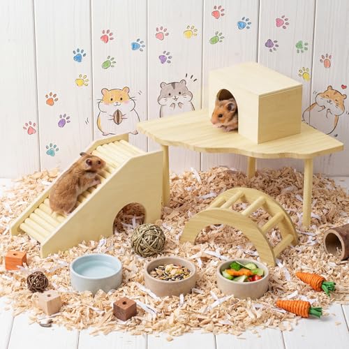 BreezeHug 4 Pcs Hamster Cage Accessories Hamster Platform Hideout Wooden Tunnel Ladder Playhouse Game Climbing Toy with Platform for Pets Dwarf Syrian Mice Degus Gerbils Squirrel(Log Cabin) - style: Log Cabin
