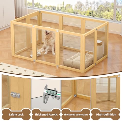 10 Panel Clear Acrylic Pet Playpen Indoor Wooden Puppy Fence | Fast tool-based setup creating a highly secure and stable barrier that stays upright during active play - size: 10 Panel 59x39.4in